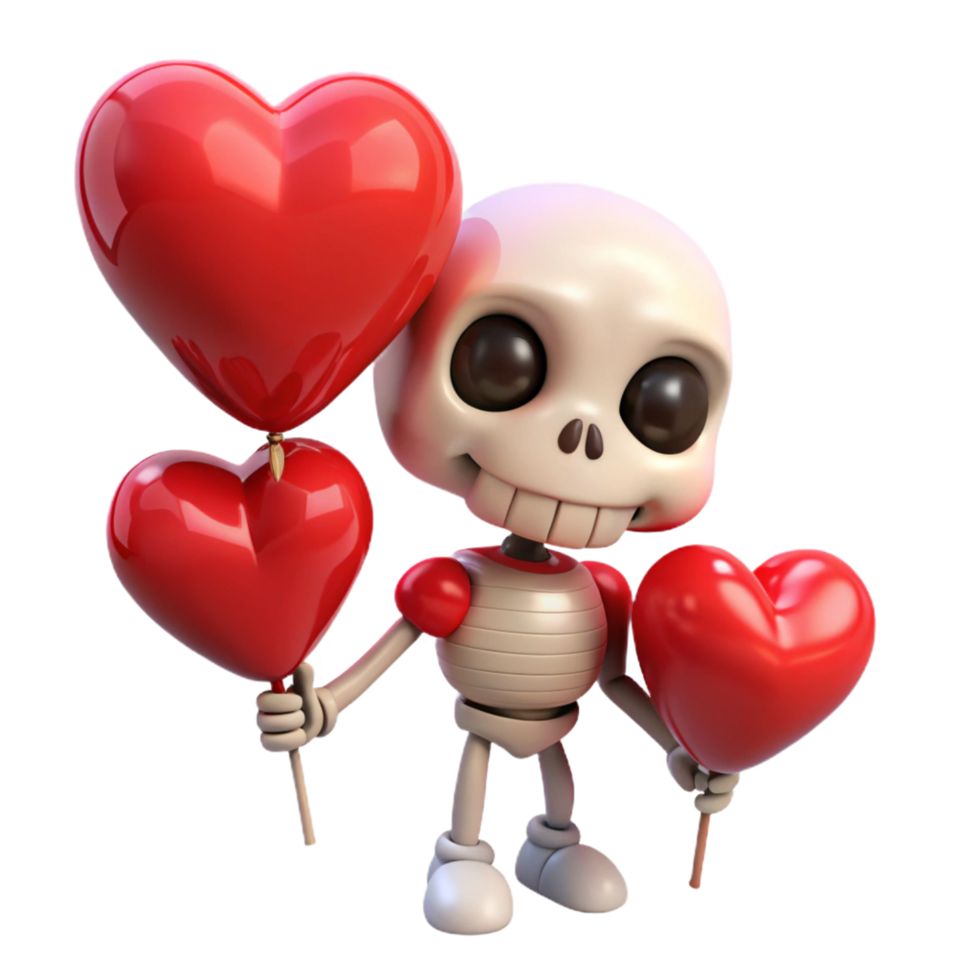 Skeleton joyfully holding floating heart balloons on transparent background png