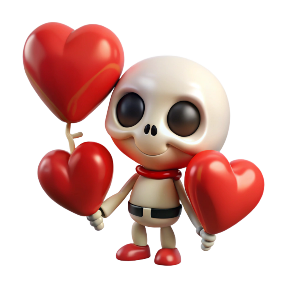 Skeleton character floating with cute heart shaped balloons on transparent background png