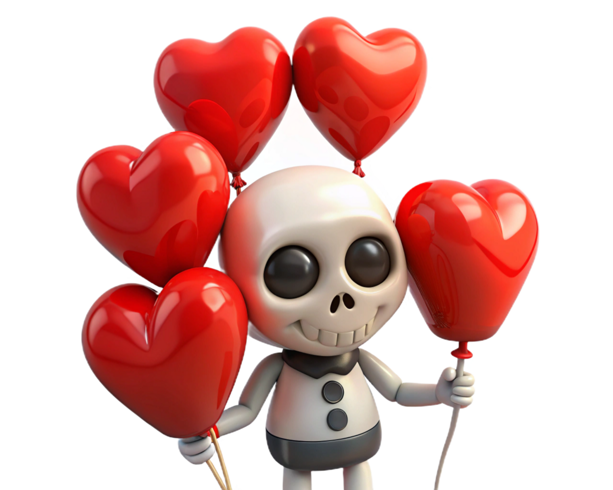 Skeleton smiling with heart shaped balloons in hands on transparent background png