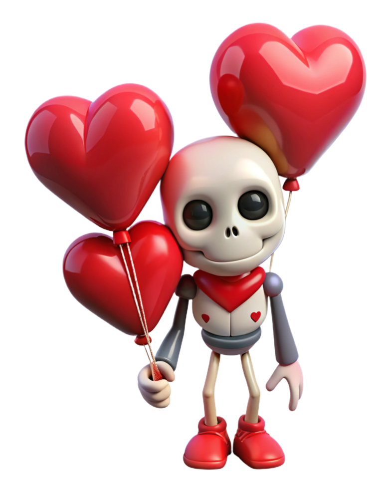 Adorable skeleton carrying lovely heart balloons on transparent background png