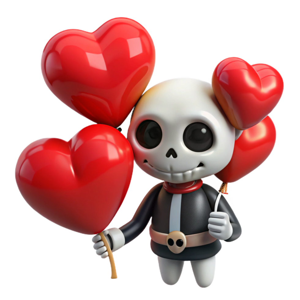 Cute skeleton holding heart balloons with love on transparent background png