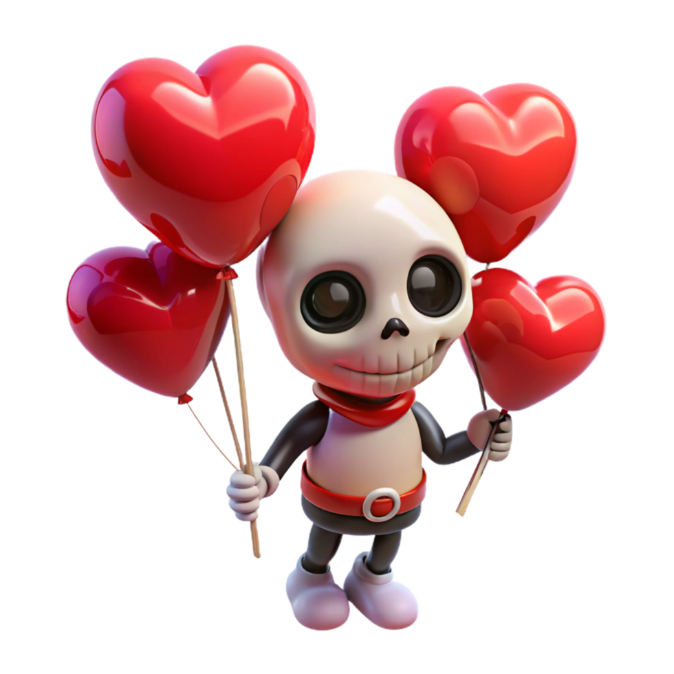 Cute and happy skeleton with romantic balloons on transparent background png