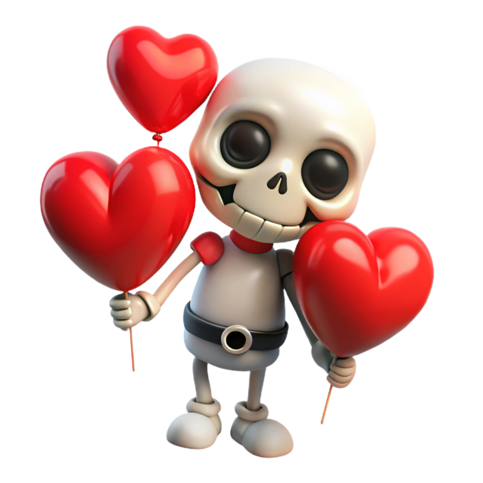 Cute skeleton joyfully flying with heart shaped balloons on transparent background png