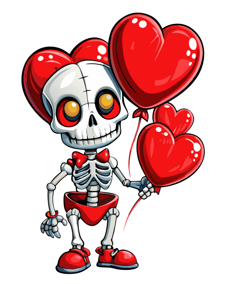 Cartoon skeleton floating with heart balloons on transparent background png