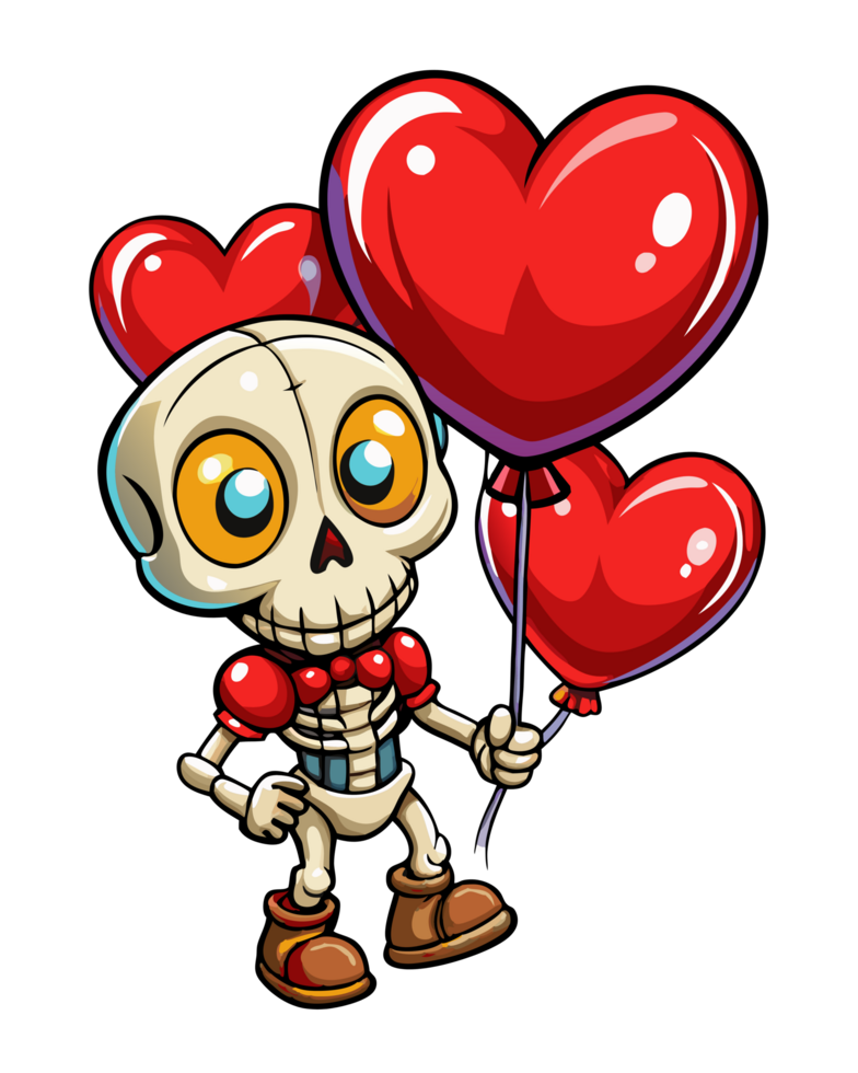 Cute skeleton with love themed balloons on transparent background png