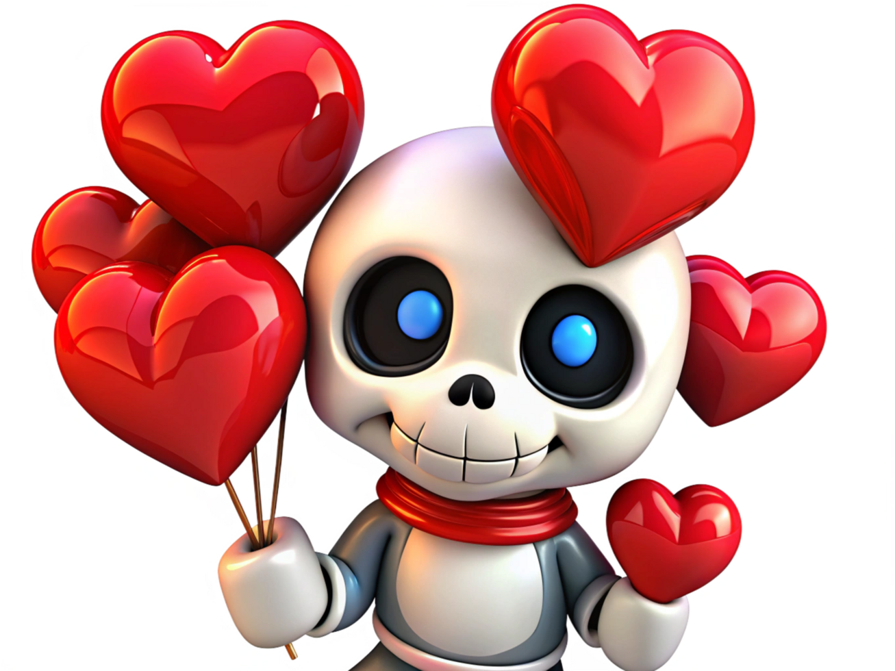 Joyful skeleton with floating heart shaped balloons on transparent background png