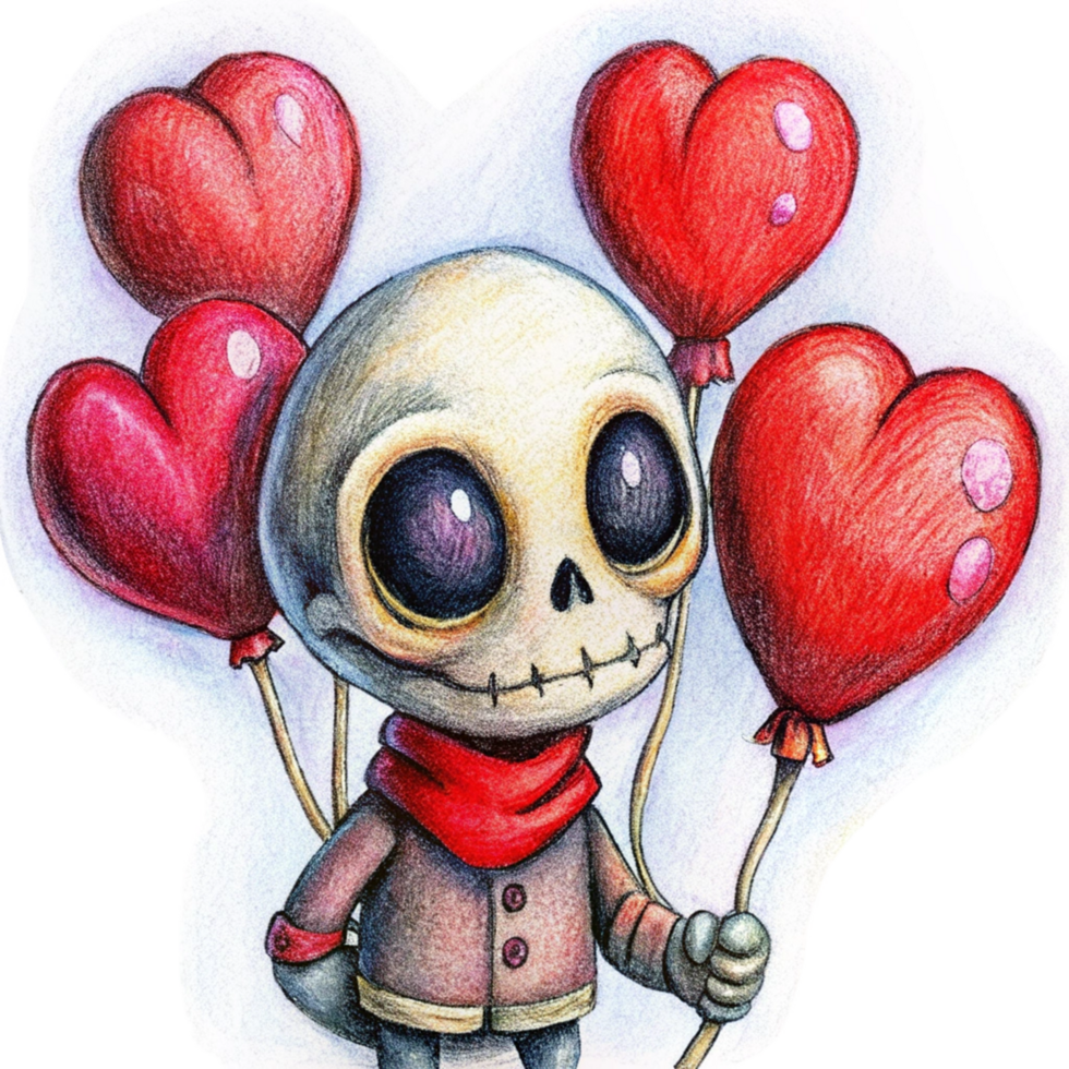 Happy skeleton character with floating love balloons on transparent background png