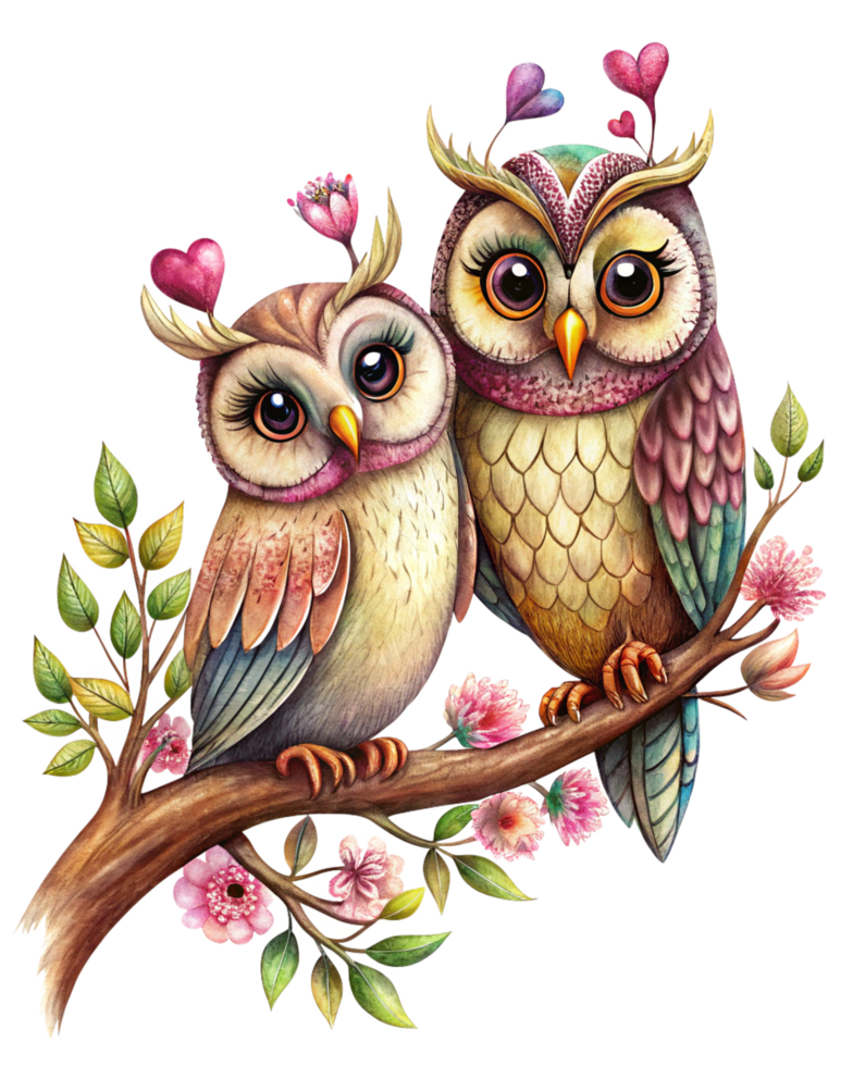 Two affectionate owls perched on a beautifully curled branch in transparent background png