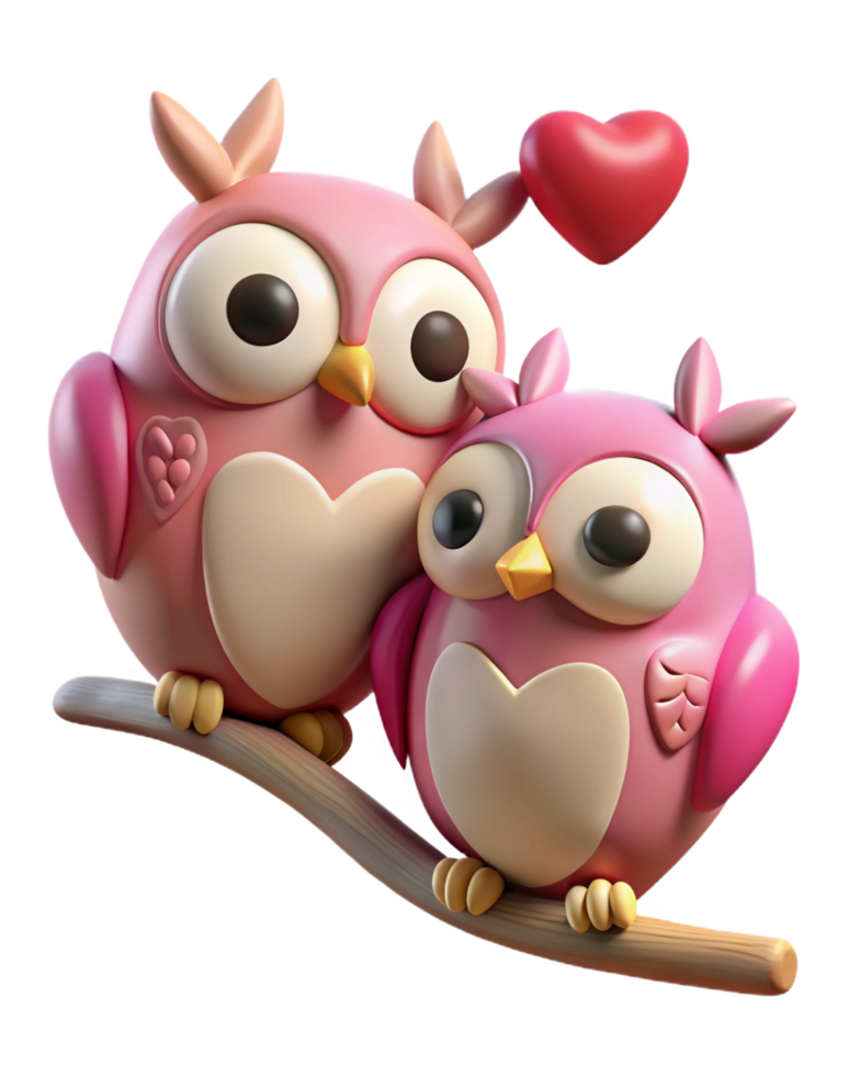 Cute owls gazing at each other on an enchanted tree branch in transparent background png