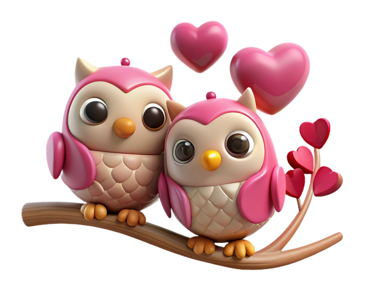 Whimsical tree branch with two owls in love perched together in transparent background png
