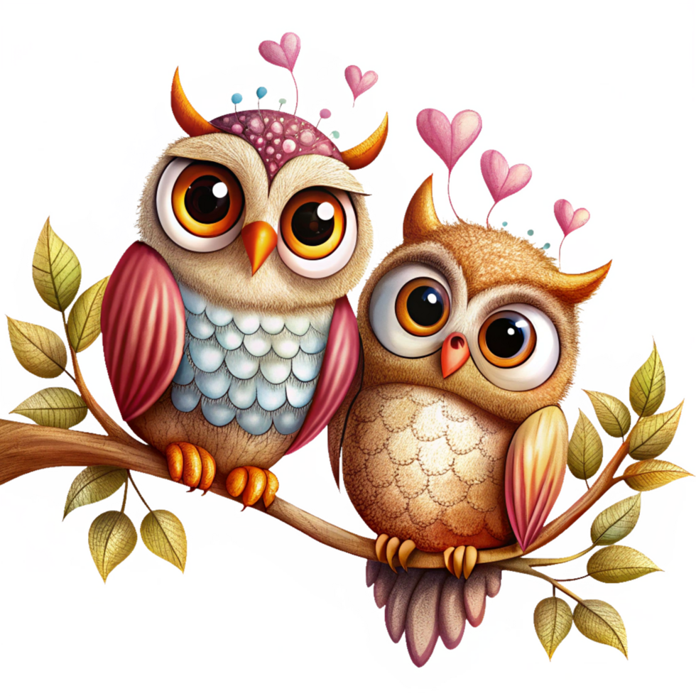 Lovebirds owl couple enjoying their moment on a whimsical tree branch in transparent background png