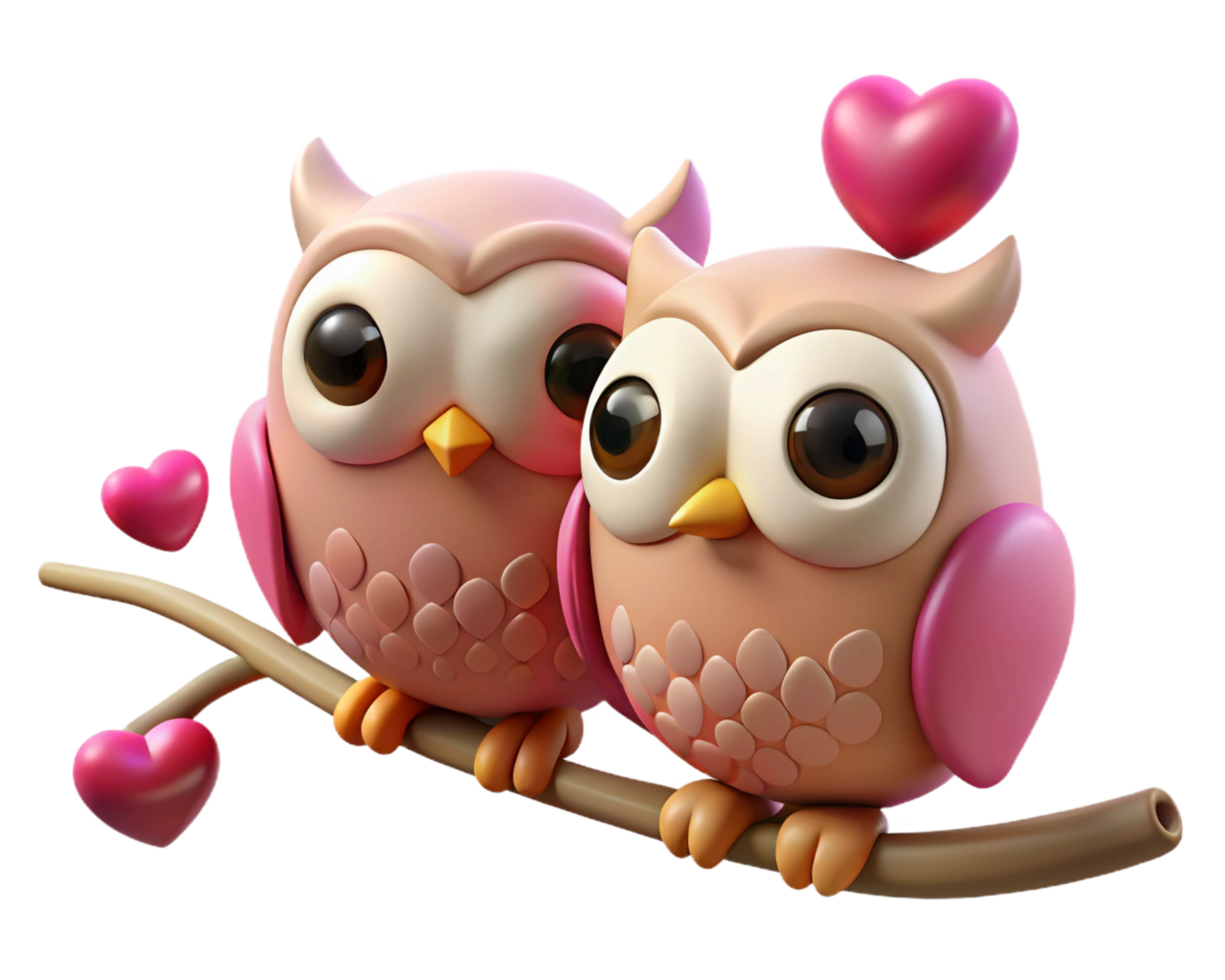 Fantasy-themed owl couple enjoying love on a unique tree branch in transparent background png
