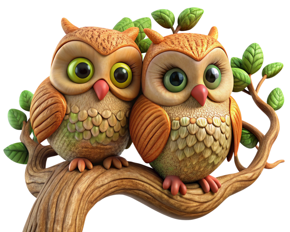 Romantic owls couple with dreamy eyes sitting on an artistic tree branch in transparent background png