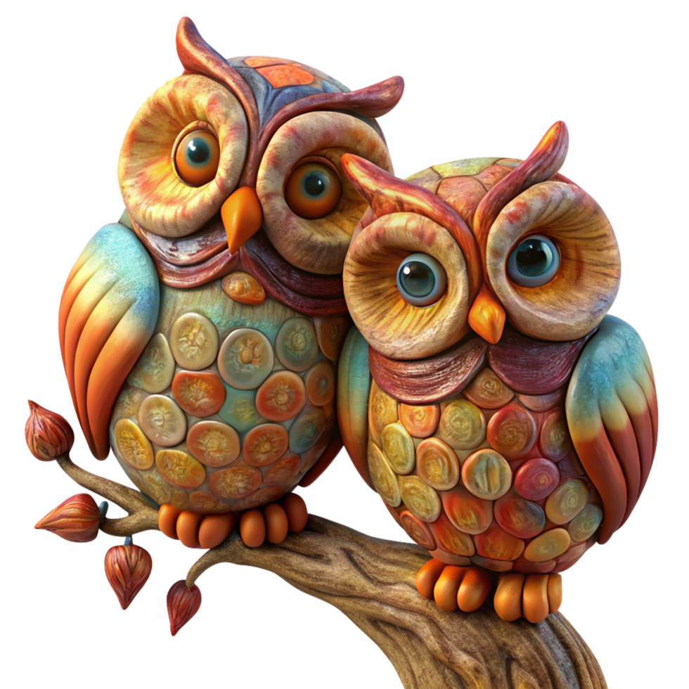 Affectionate owls enjoying each others company on a curvy tree branch in transparent background png