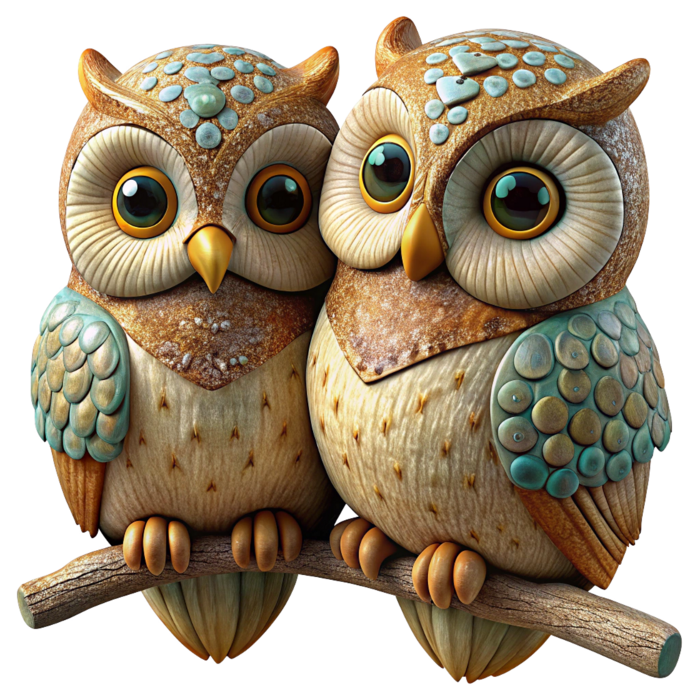 Two adorable owls sitting side by side in love on a delicate tree branch in transparent background png