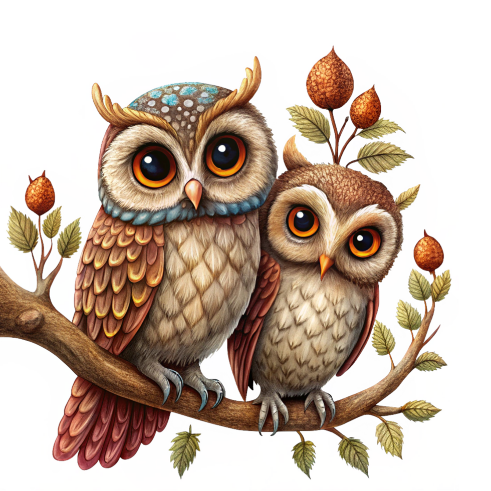 Cute and cuddly owl lovers perched together on a charming tree branch in transparent background png