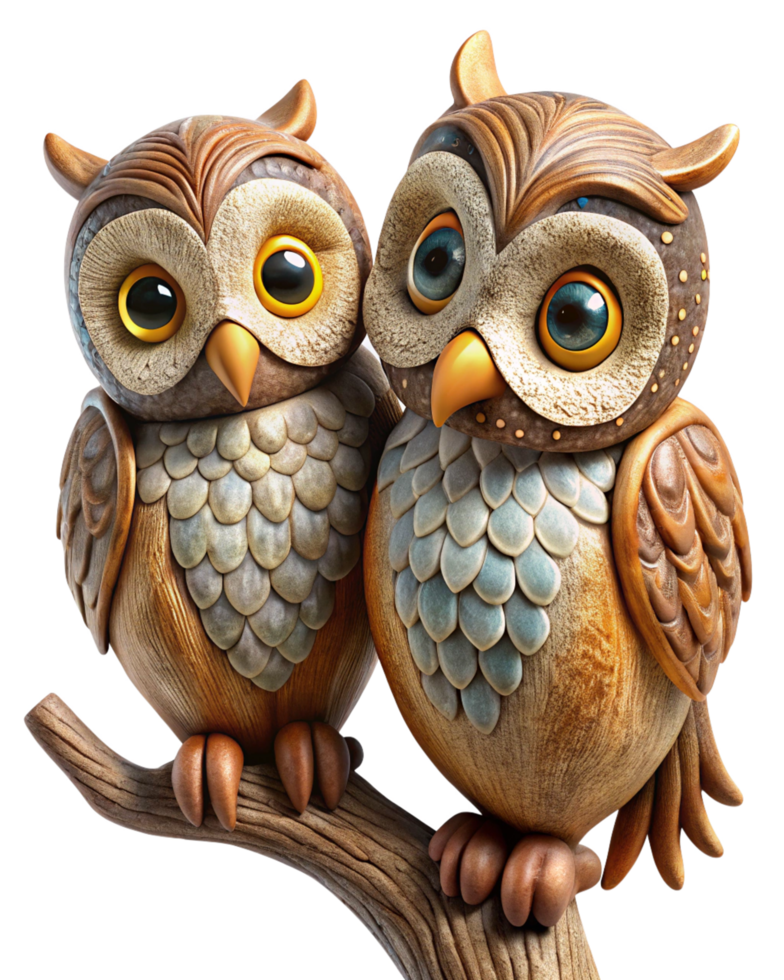 Adorable owls resting together on a curvy and whimsical tree branch in transparent background png