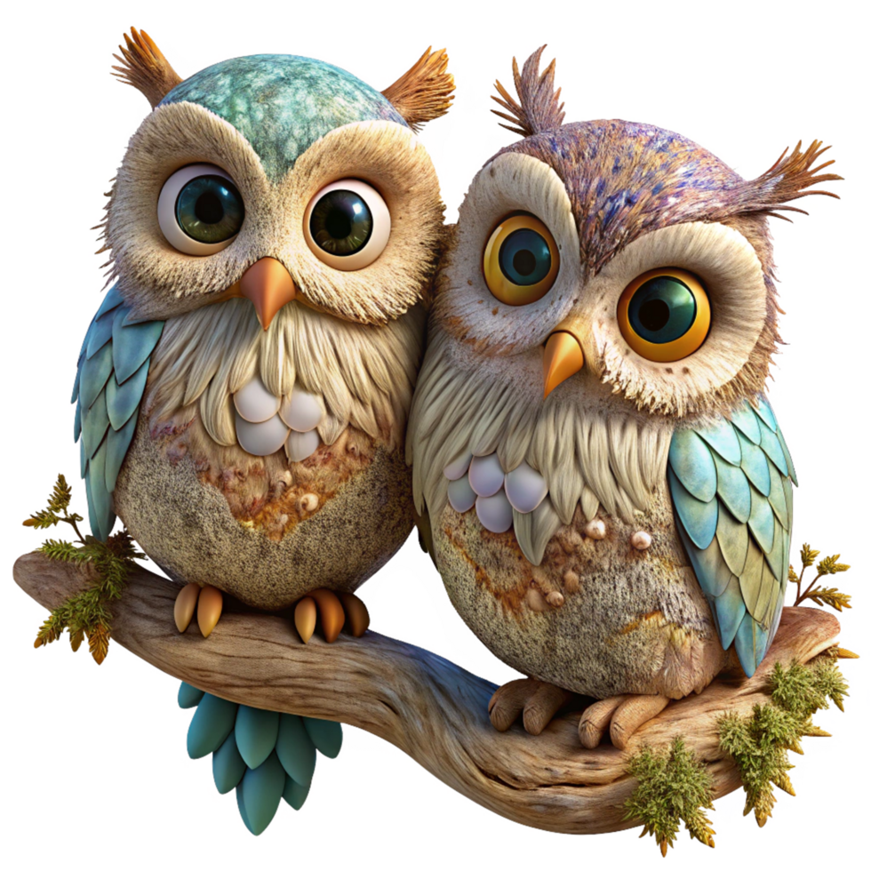 Cozy owl couple enjoying a romantic moment on a twisted tree branch in transparent background png