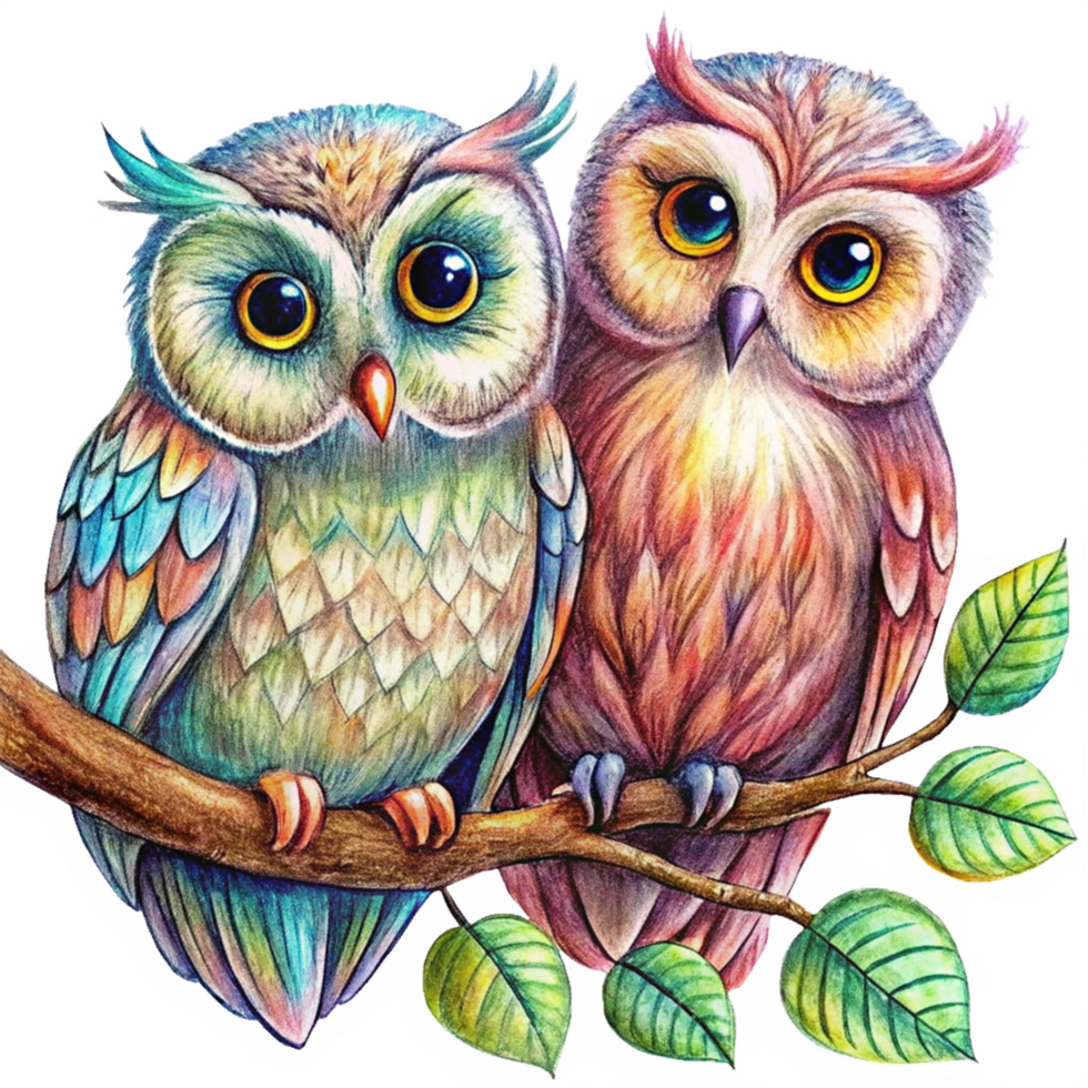 Cozy owls snuggling on a decorative whimsical tree branch in transparent background png