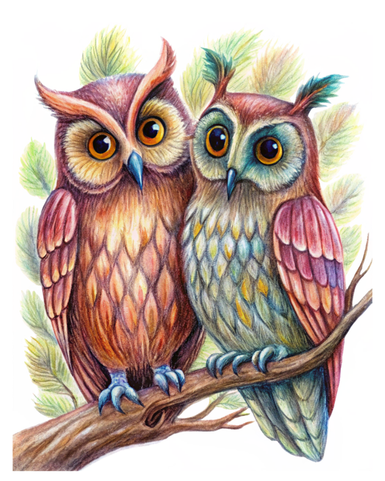Loving owl duo sitting together on a cute curvy tree branch in transparent background png