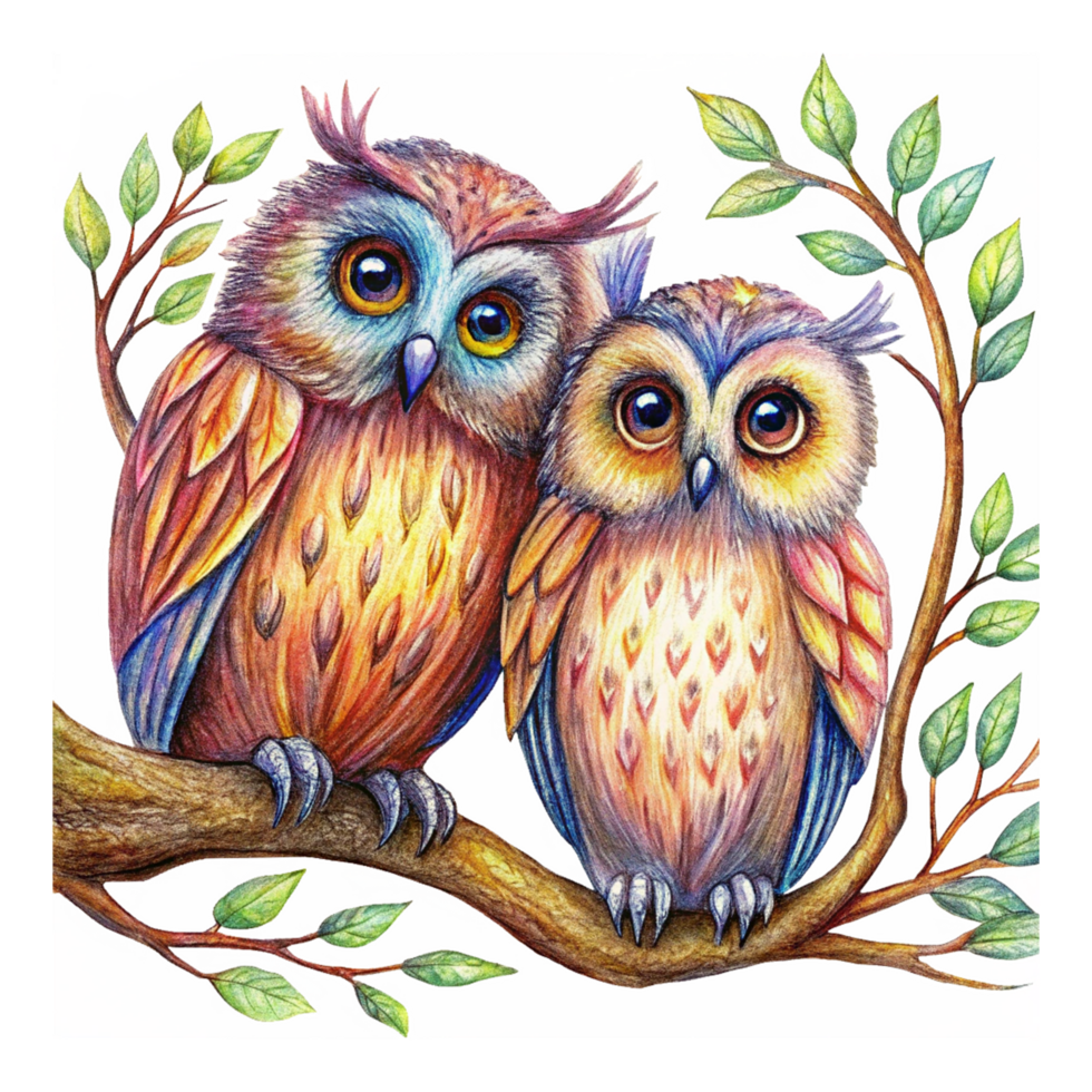 Cute owl lovers perched on a delicate and whimsical branch in transparent background png