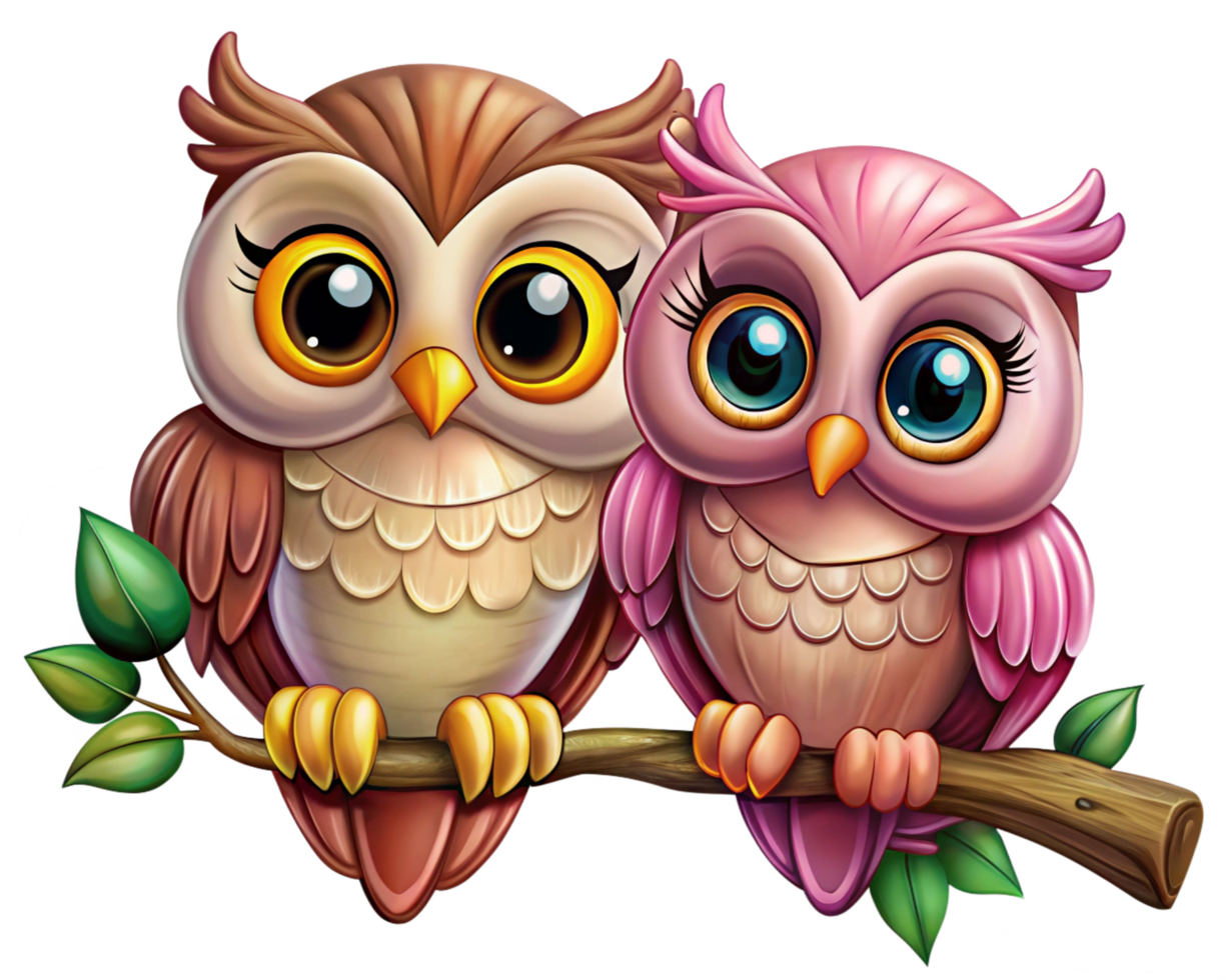 Cozy and affectionate owl couple sitting on a curvy branch in transparent background png