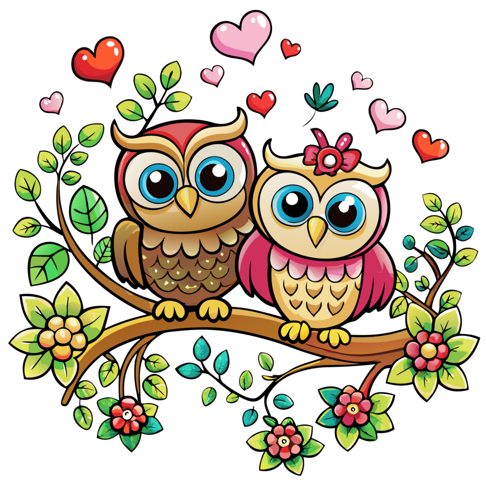 Two loving owls snuggling on an enchanted tree branch in transparent background png