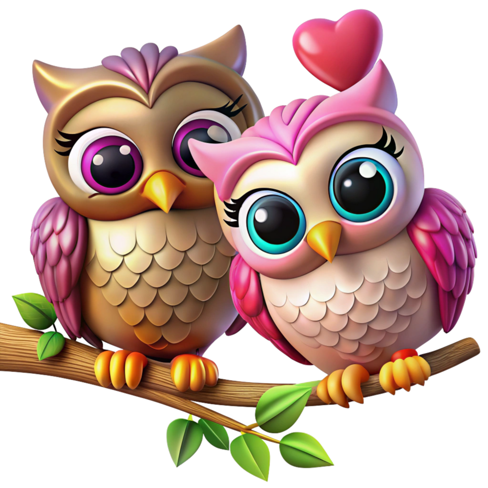 Magical owl couple resting on a decorative whimsical branch in transparent background png