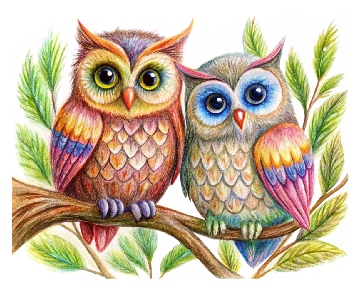 Fantasy owl couple enjoying each others company on a whimsical branch in transparent background png