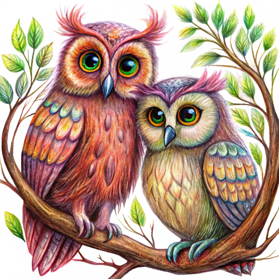 Two affectionate owls sharing love on an artistic tree branch in transparent background png