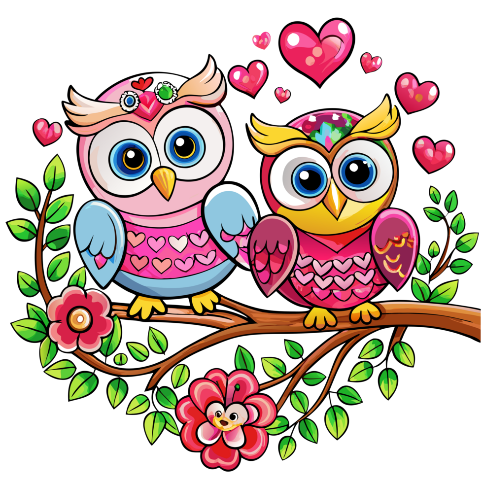 Whimsical tree branch hosting a romantic owl couple in transparent background png