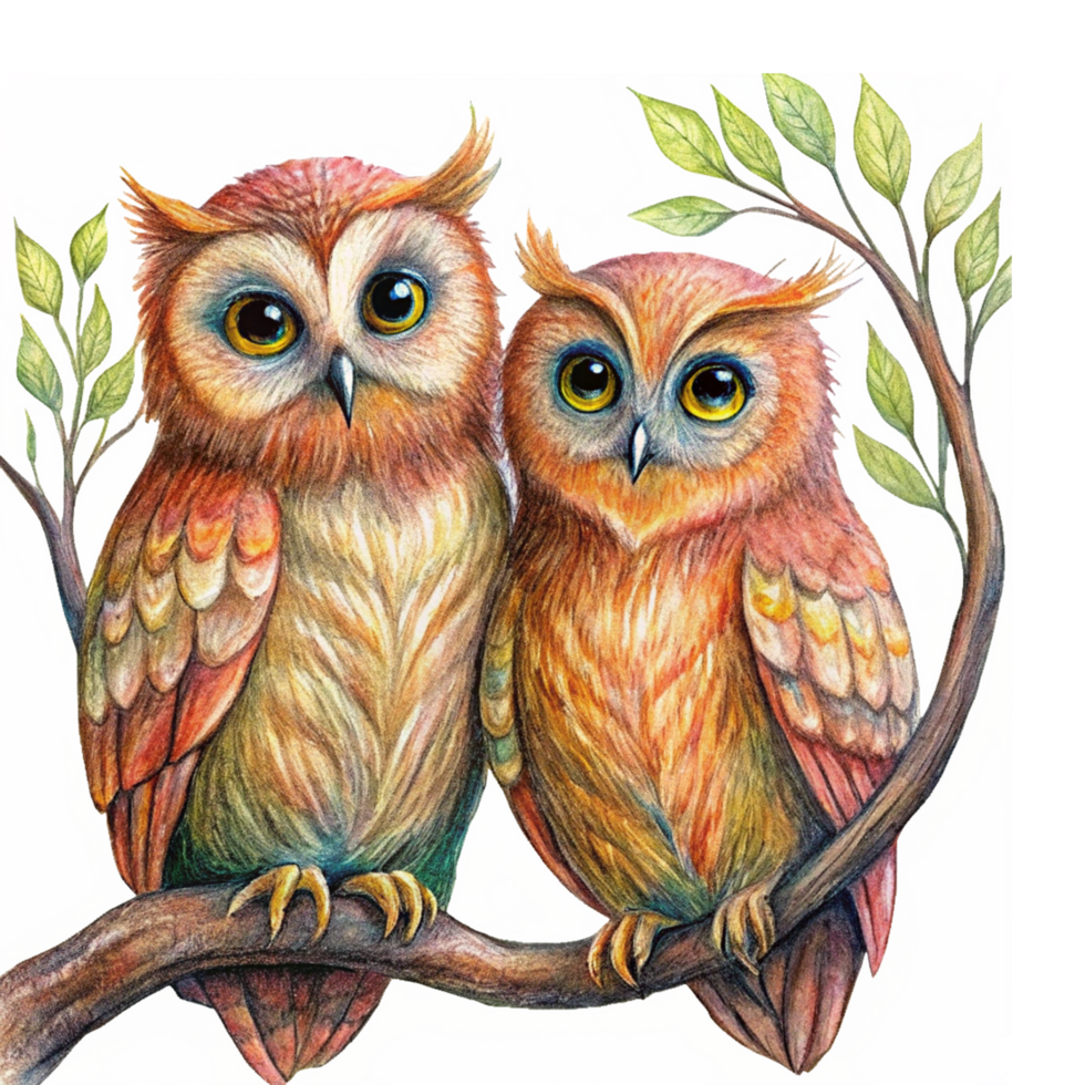 Two affectionate owls cuddling on a beautifully designed branch in transparent background png