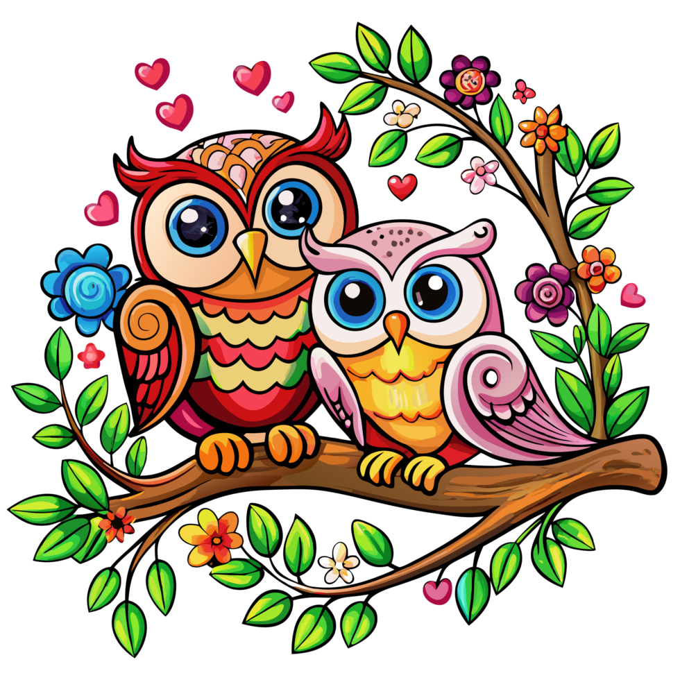 Lovebirds owls gazing at each other on a charming tree branch in transparent background png