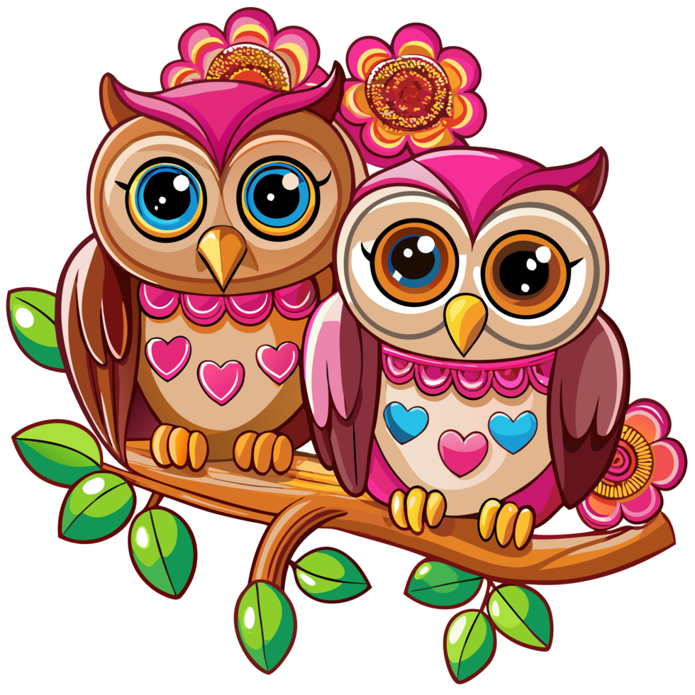 Adorable owl couple sharing a moment on whimsical tree branch in transparent background png
