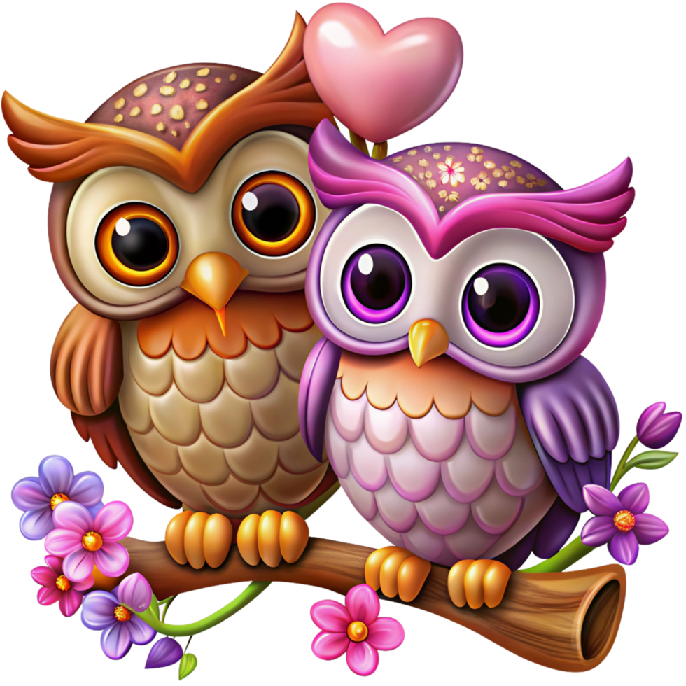 Adorable owl lovers resting on a curvy whimsical tree branch in transparent background png
