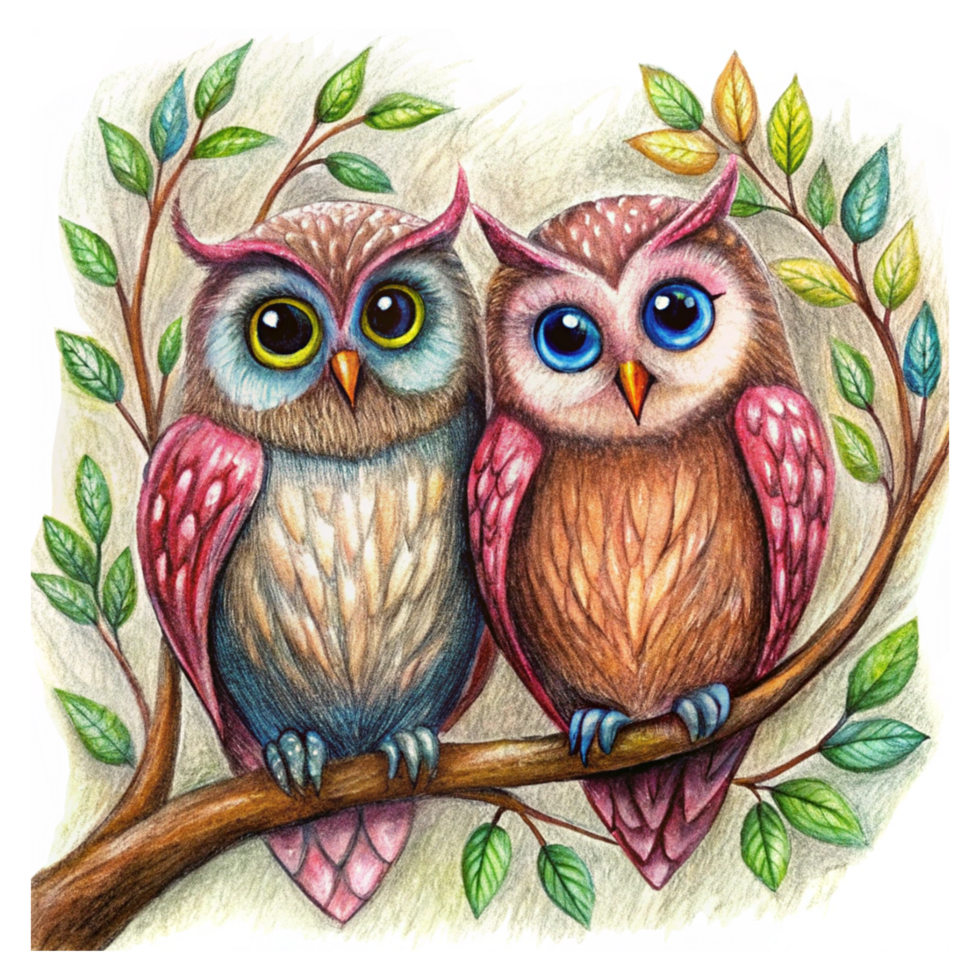 Romantic owl lovebirds perched on a fairytale-inspired branch in transparent background png