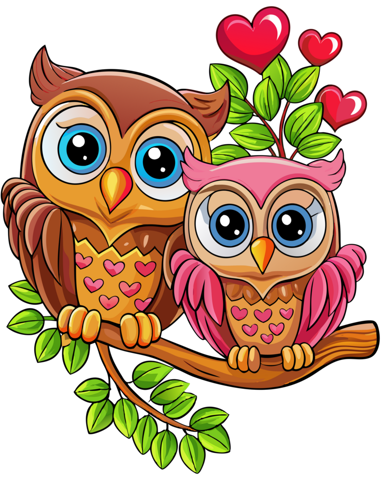 Whimsical tree branch with romantic owl couple in transparent background png