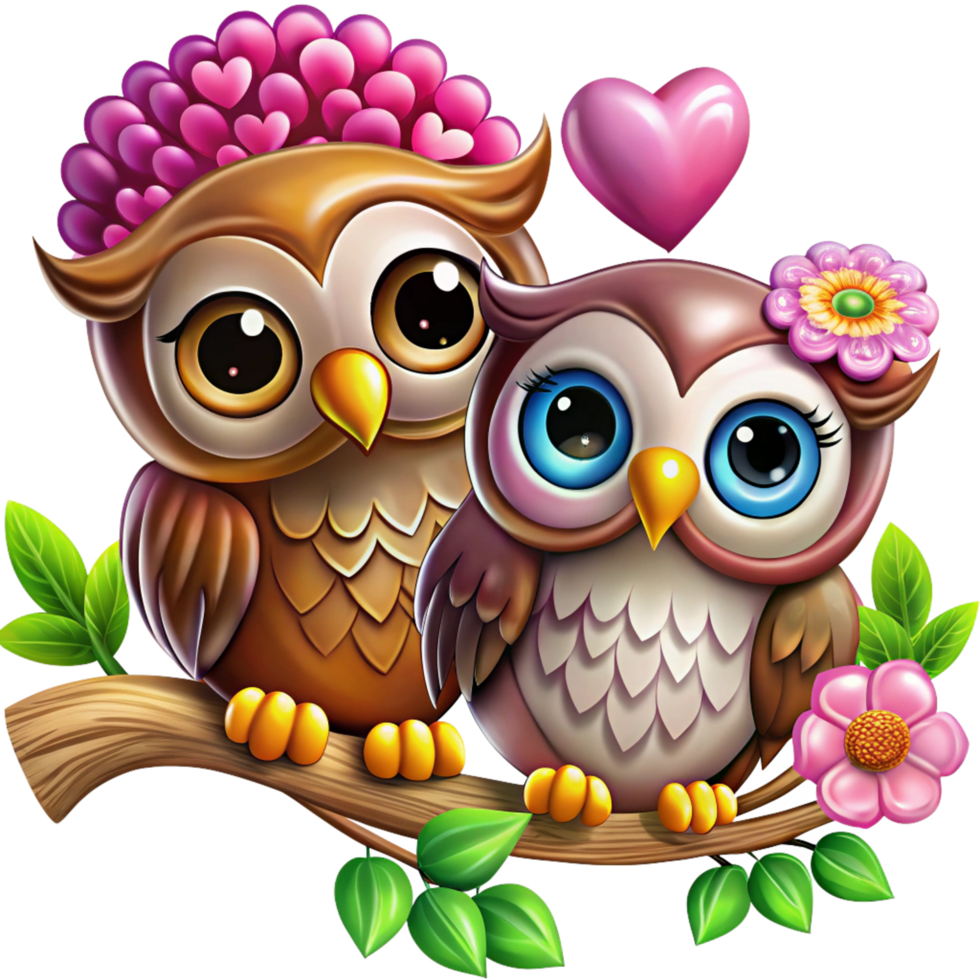 Fantasy-inspired tree branch with a romantic owl couple in transparent background png