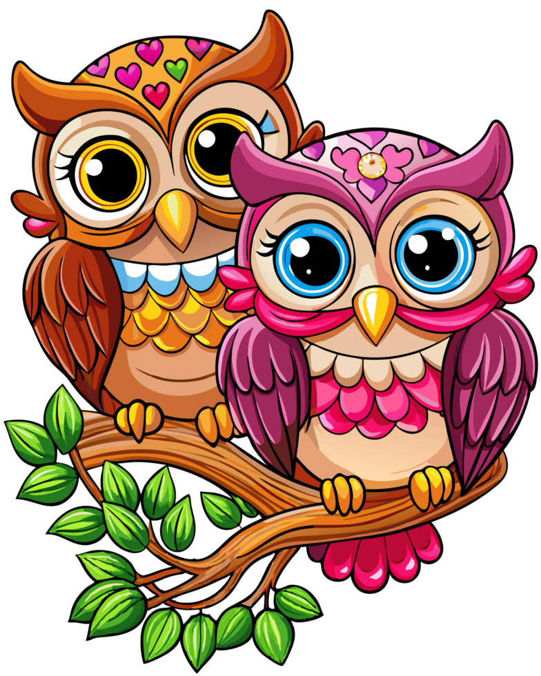 Cute owl lovers perched on an artistic tree branch in transparent background png