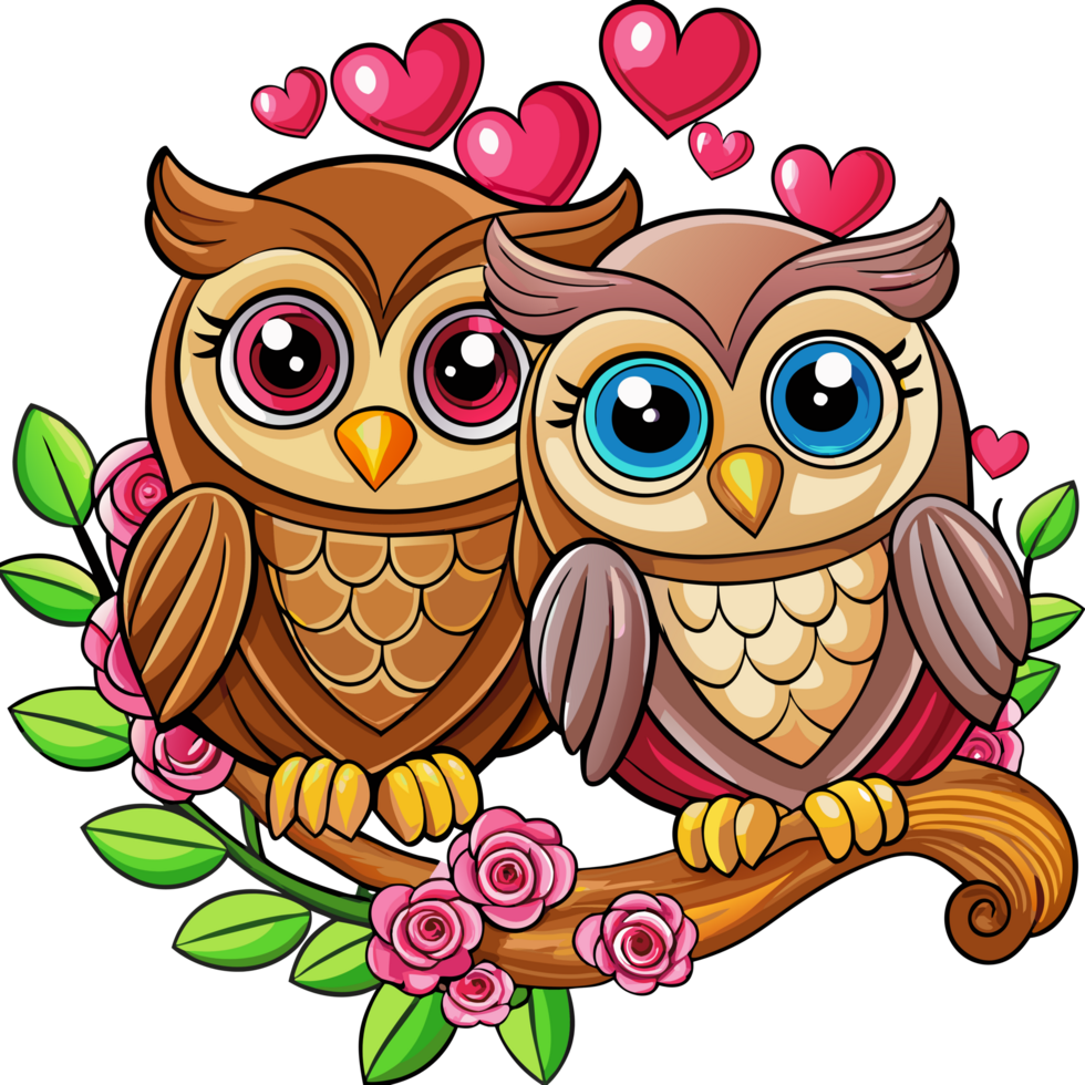 Cute lovebirds owls perched on whimsical branch in transparent background png