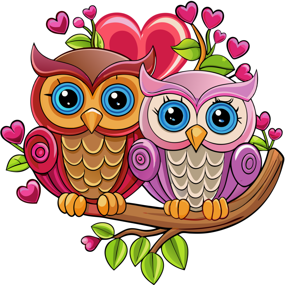 Two affectionate owls perched together on a magical tree branch in transparent background png