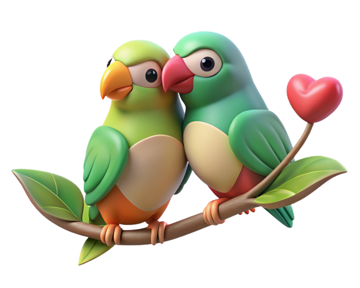 Sweet parrot duo cuddling under the stars on a magical tree branch in transparent background png