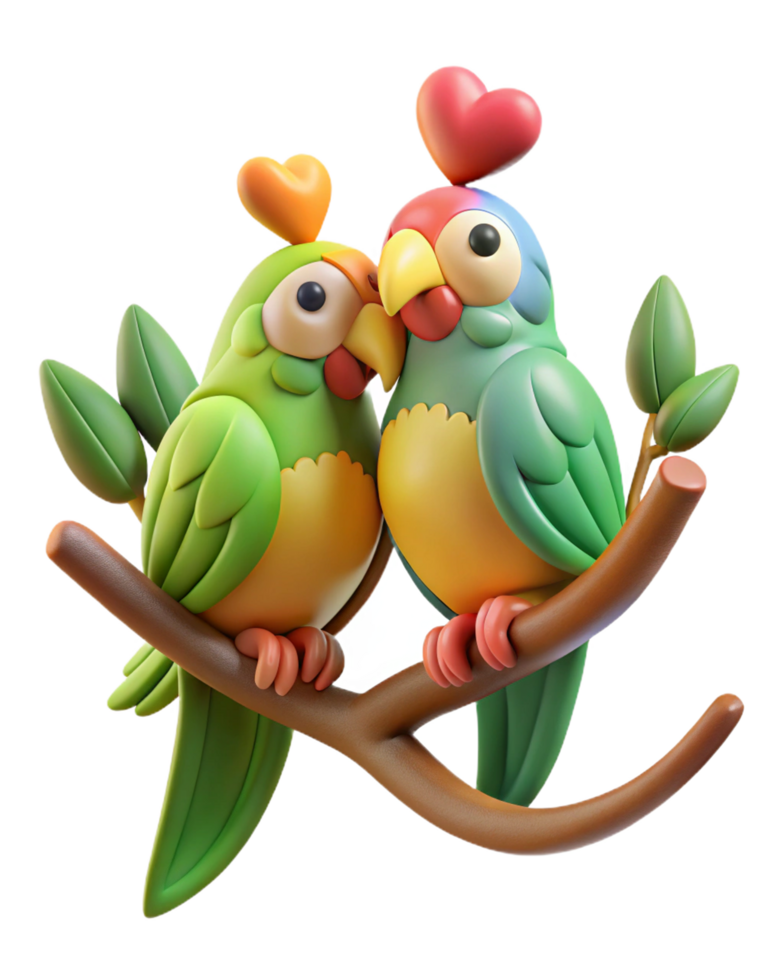 Adorable parrots embracing romance on a gracefully twisted tree branch in transparent background png