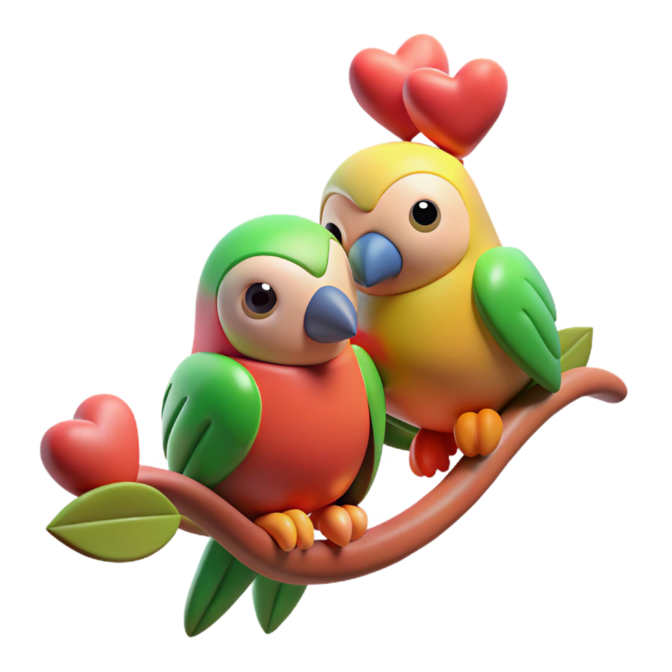 Cute parrots sharing warmth while sitting on an elegant decorative branch in transparent background png