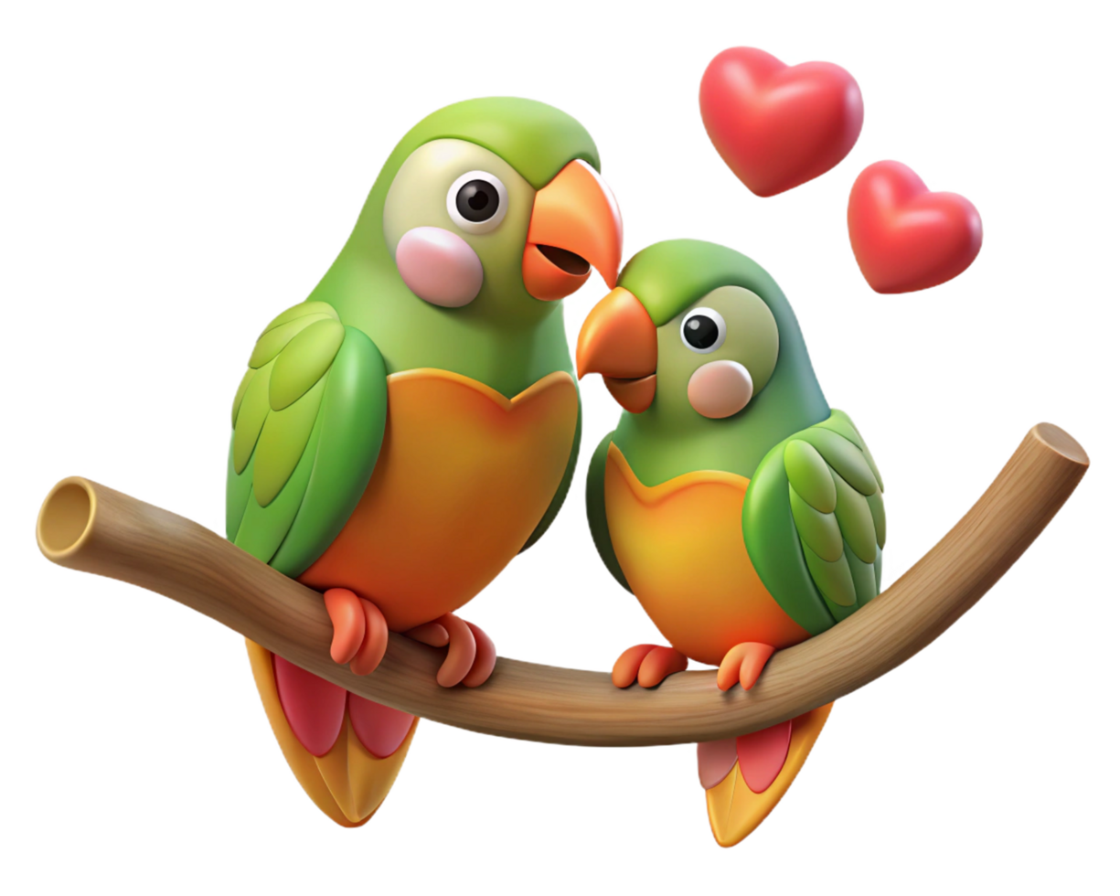 Two affectionate parrots sitting peacefully on a uniquely shaped tree branch in transparent background png