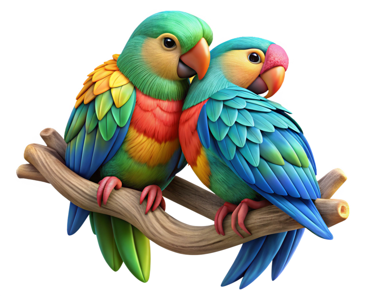 Adorable parrot lovebirds sitting together on a uniquely twisted tree branch in transparent background png