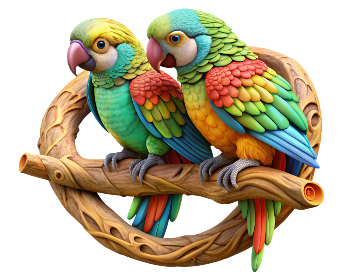 Lovebirds parrot couple enjoying a night on an elegant whimsical branch in transparent background png