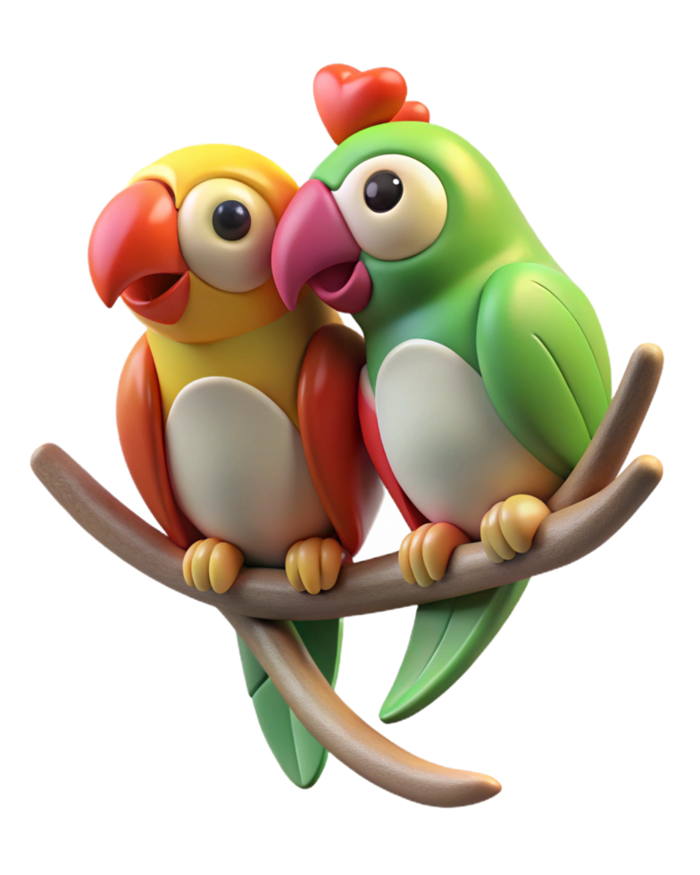 Cozy parrot lovebirds enjoying each other company on a mystical tree branch in transparent background png