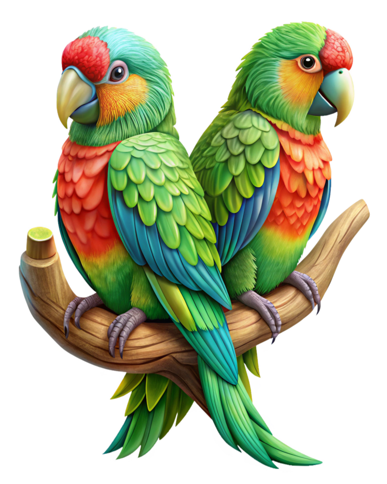 Dreamy setting with romantic parrots sitting on a whimsical branch in transparent background png