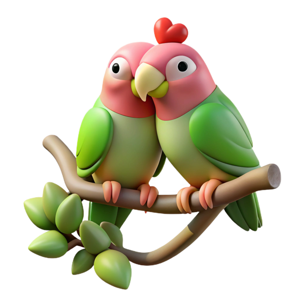 Dreamy tree branch with two affectionate parrots sharing love in transparent background png